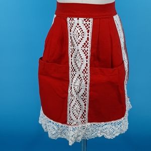 Vintage Dark Red Canvas Apron with 2 Front Pockets and Lace Trim